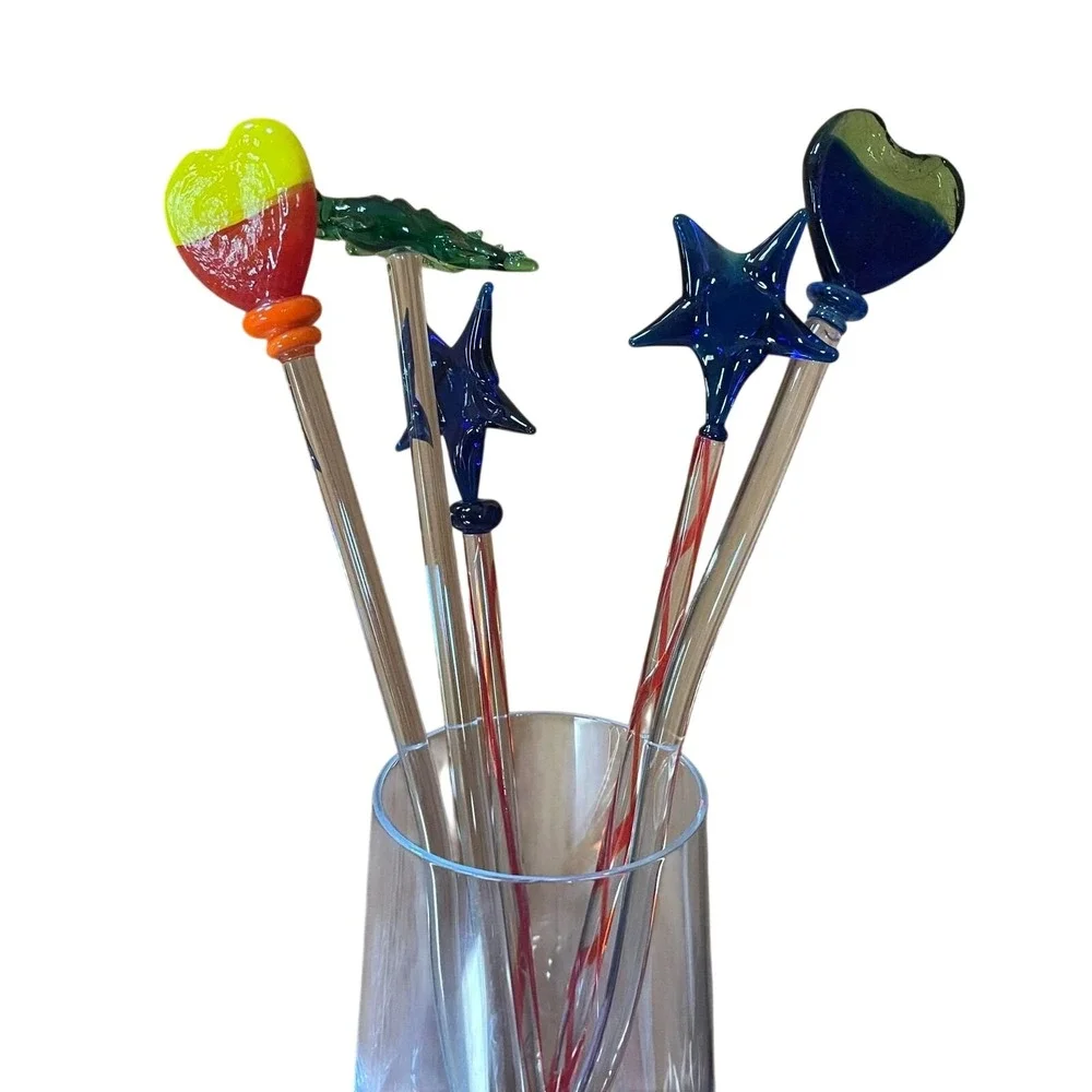 Vintage Glass Star Heart Crocodile Cocktail Swizzle Sticks Set of 5 – 7–8